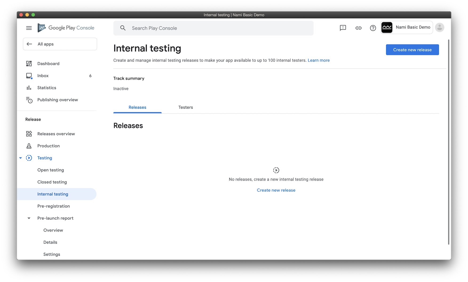 Google Play Console internal testing screenshot
