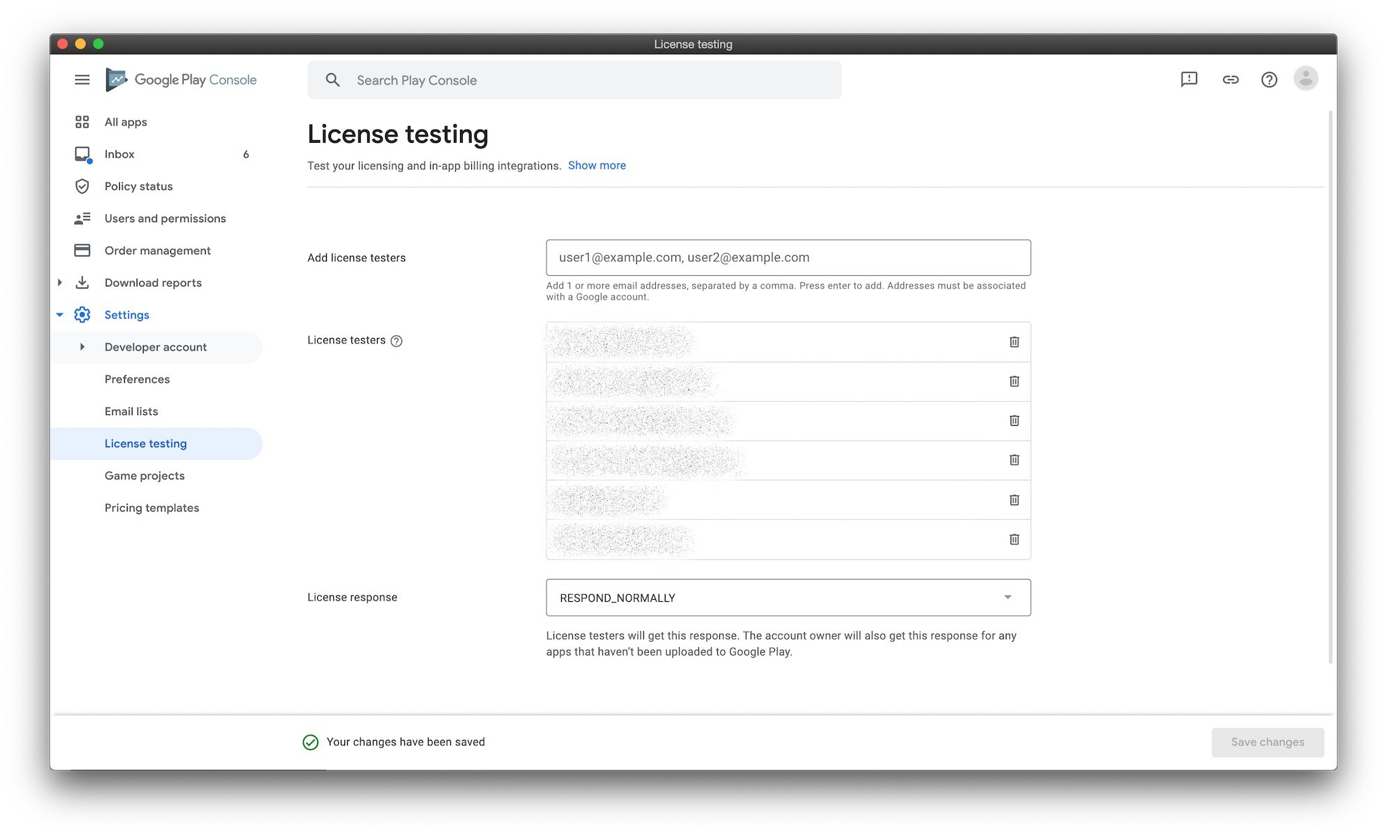 Google Play Console license testing screenshot