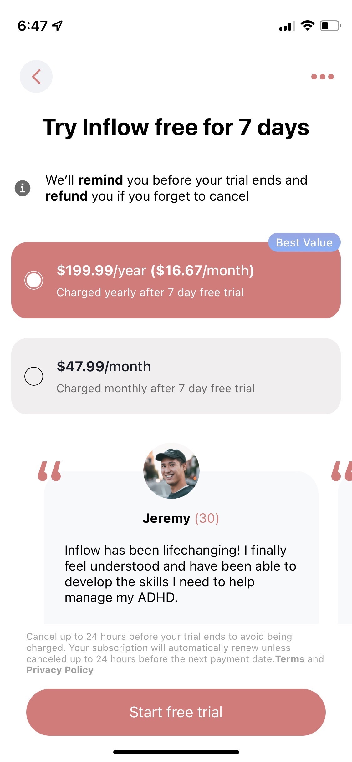 Inflow ADHD app subscription paywall
