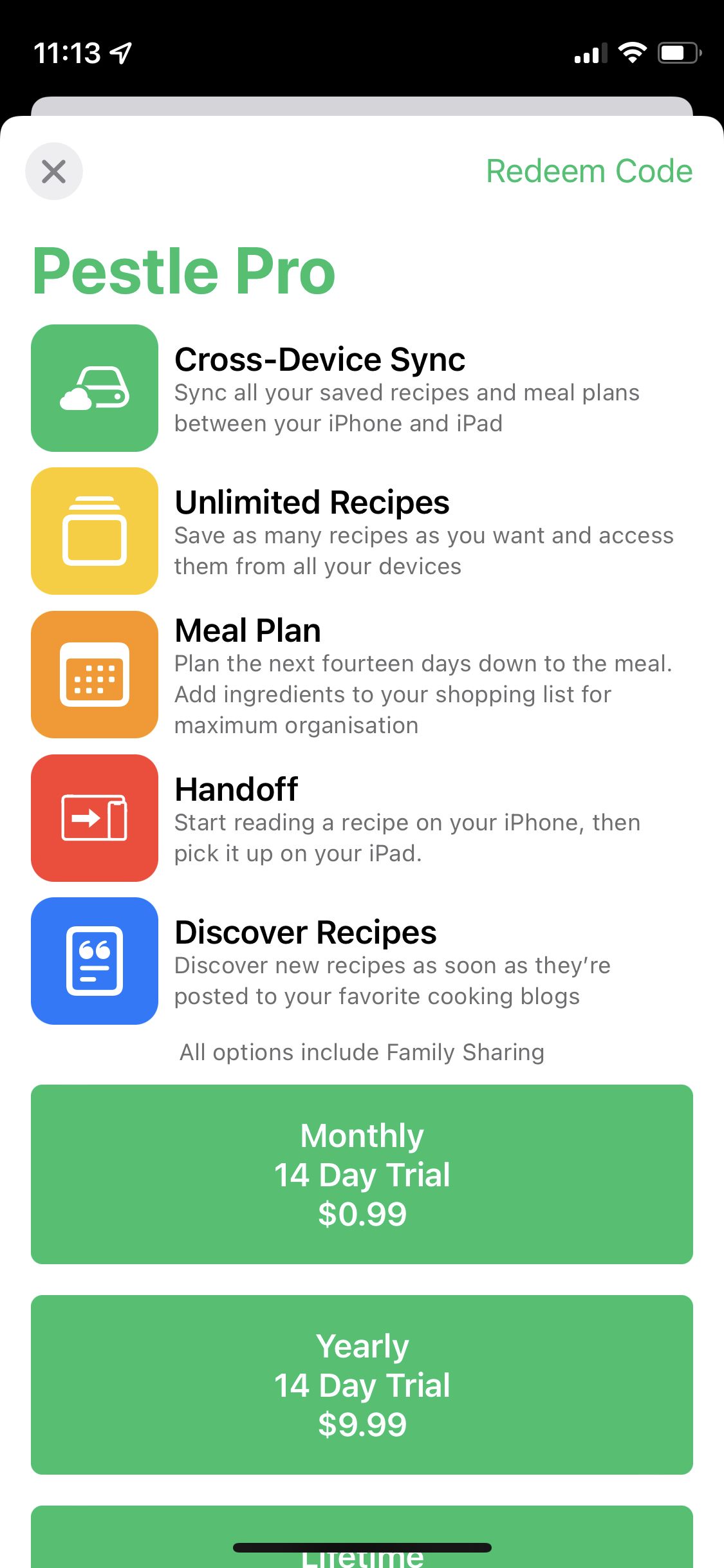 Pestle Kitchen Recipe Manager subscription paywall