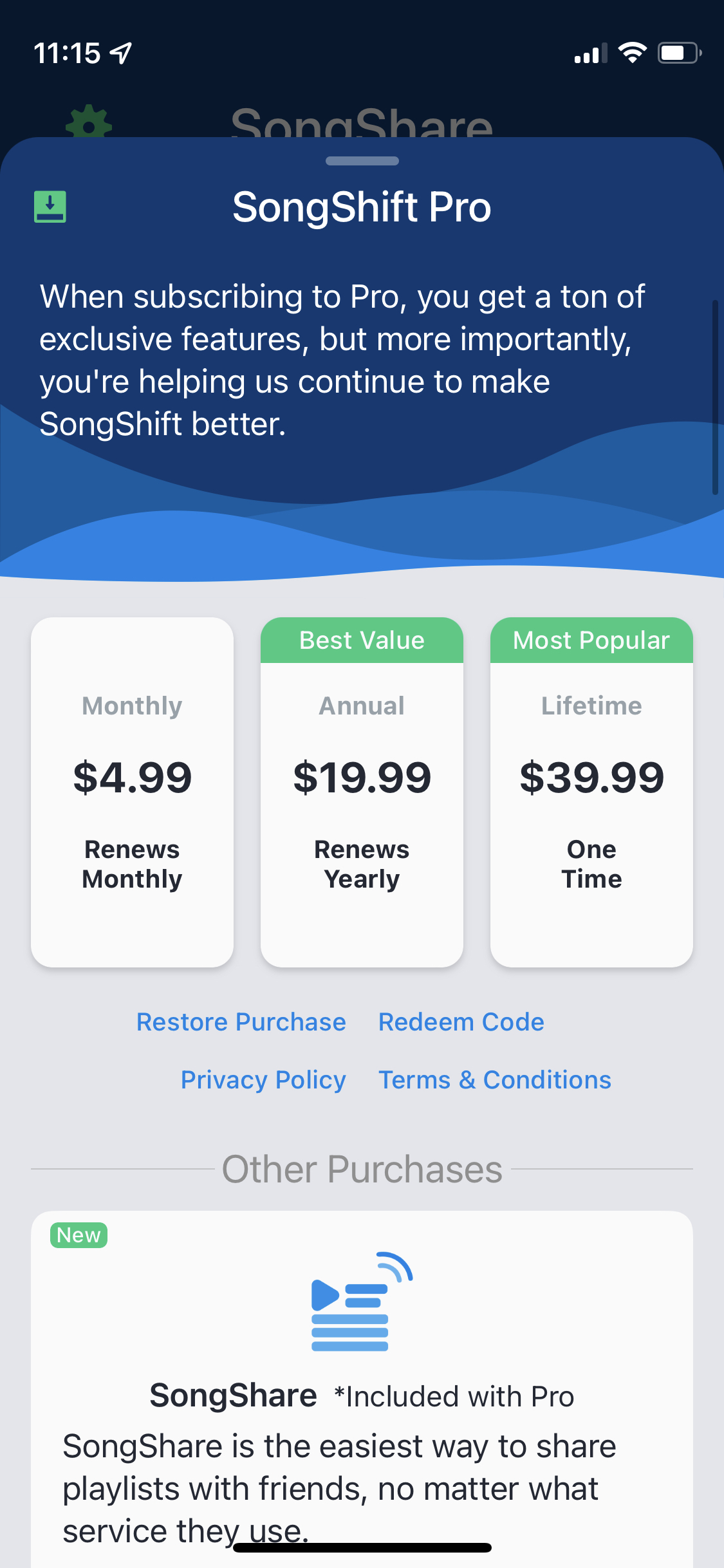 SongShift subscription paywall