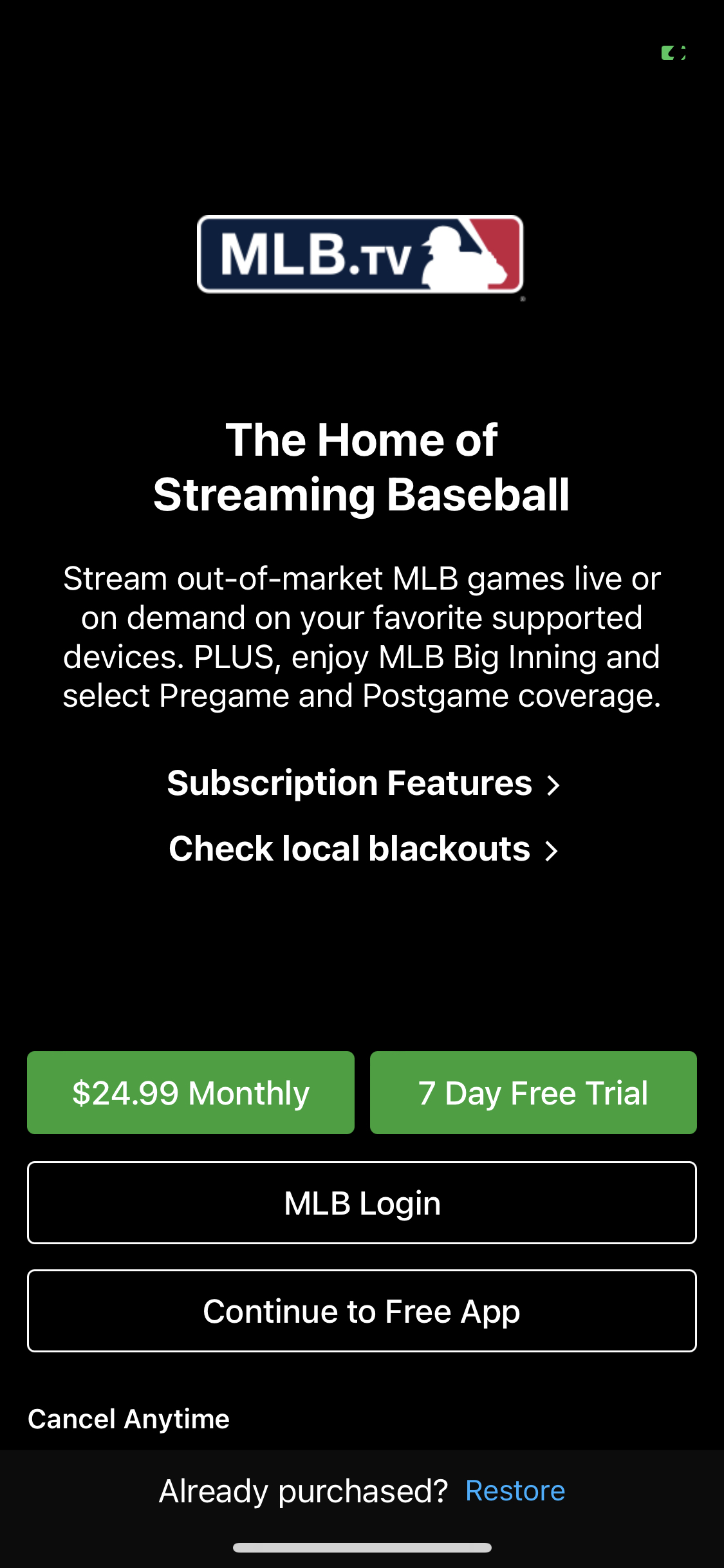 MLB app subscription paywall