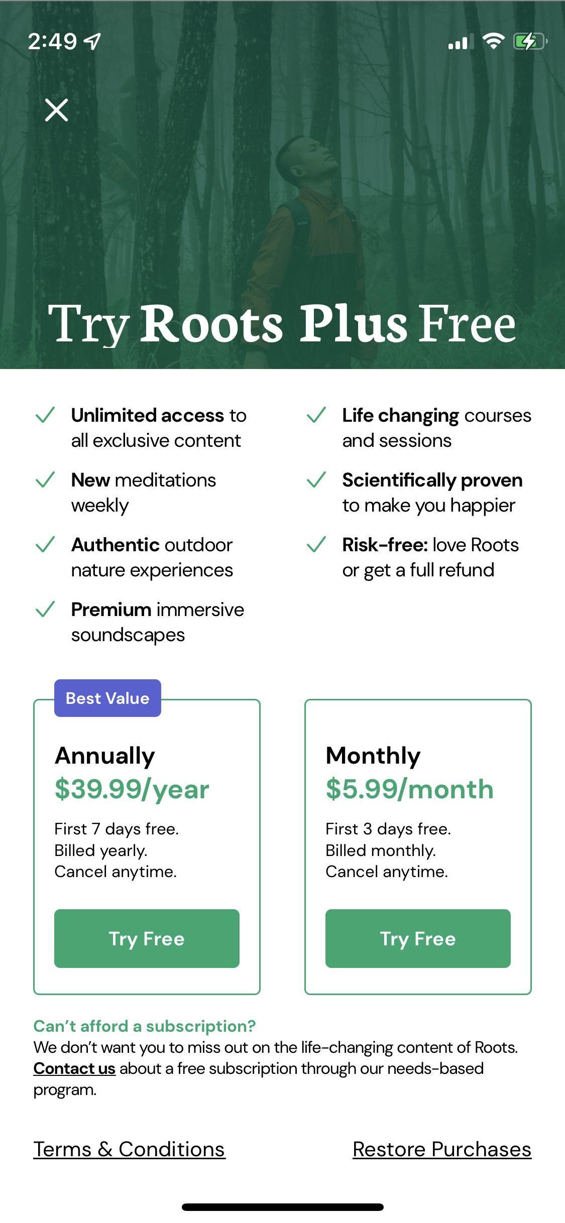 Roots Connect with Nature app subscription paywall