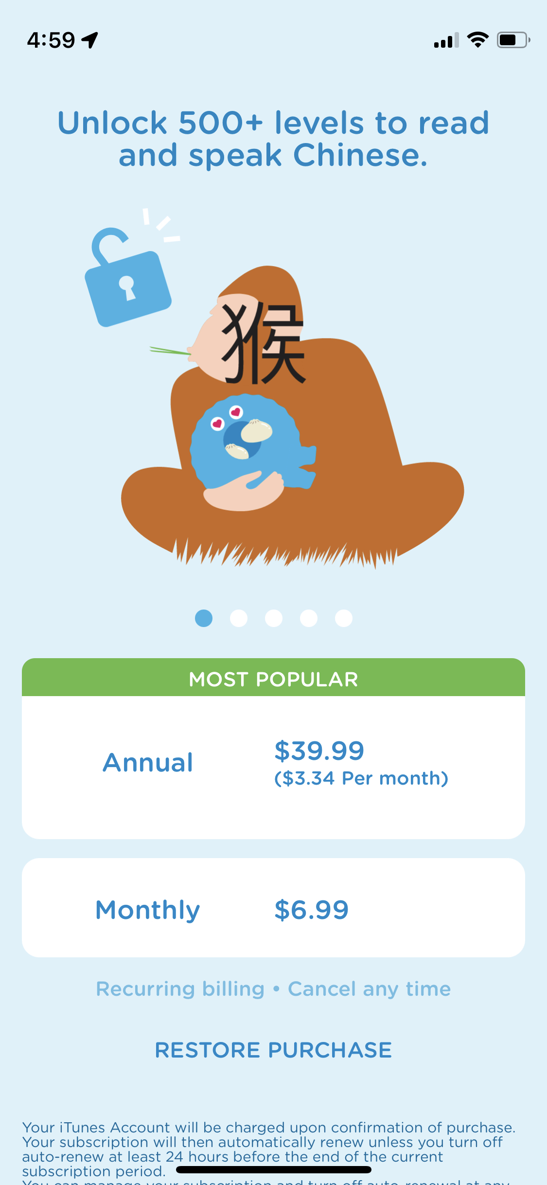 Chineasy Learn Chinese Easily app subscription paywall