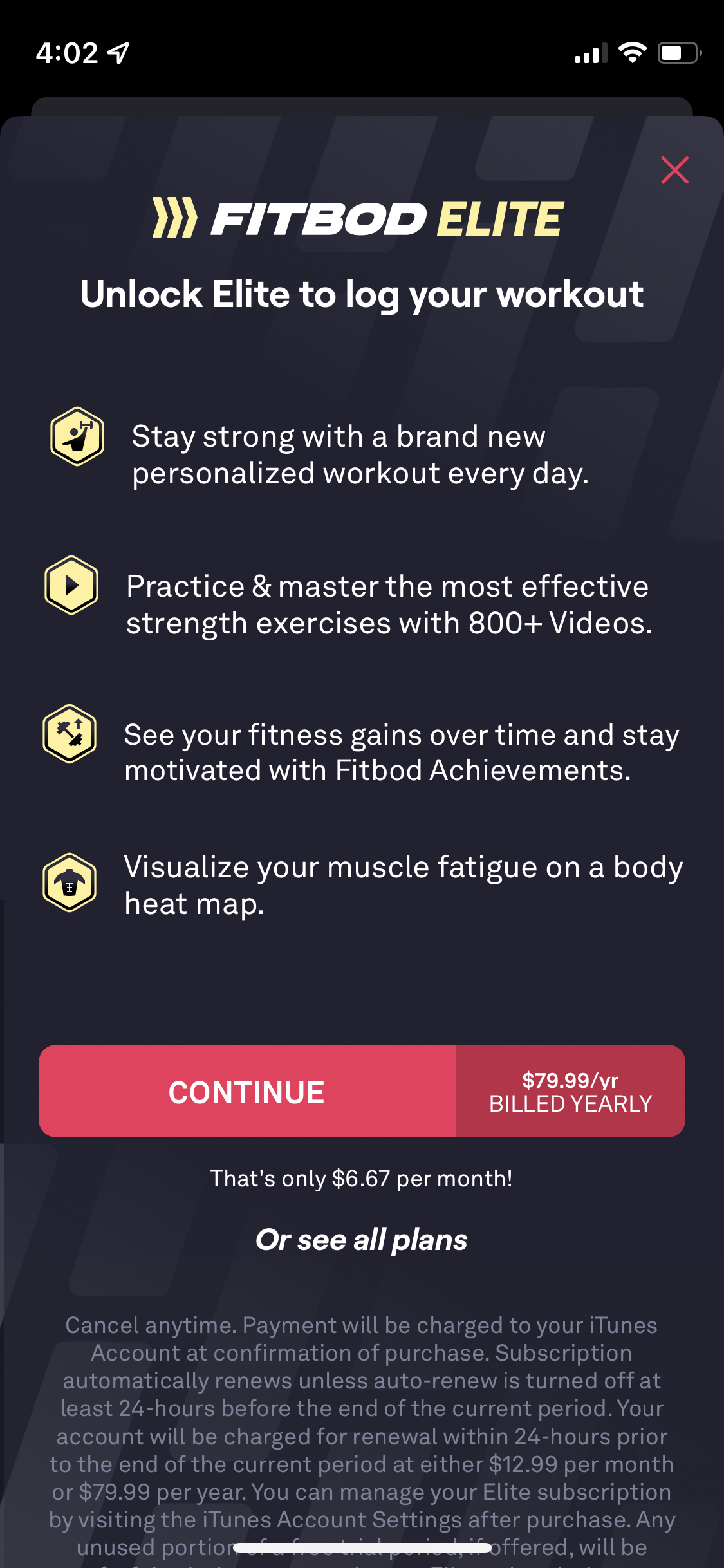 Fitbod Workout & Fitness Plans app subscription paywall