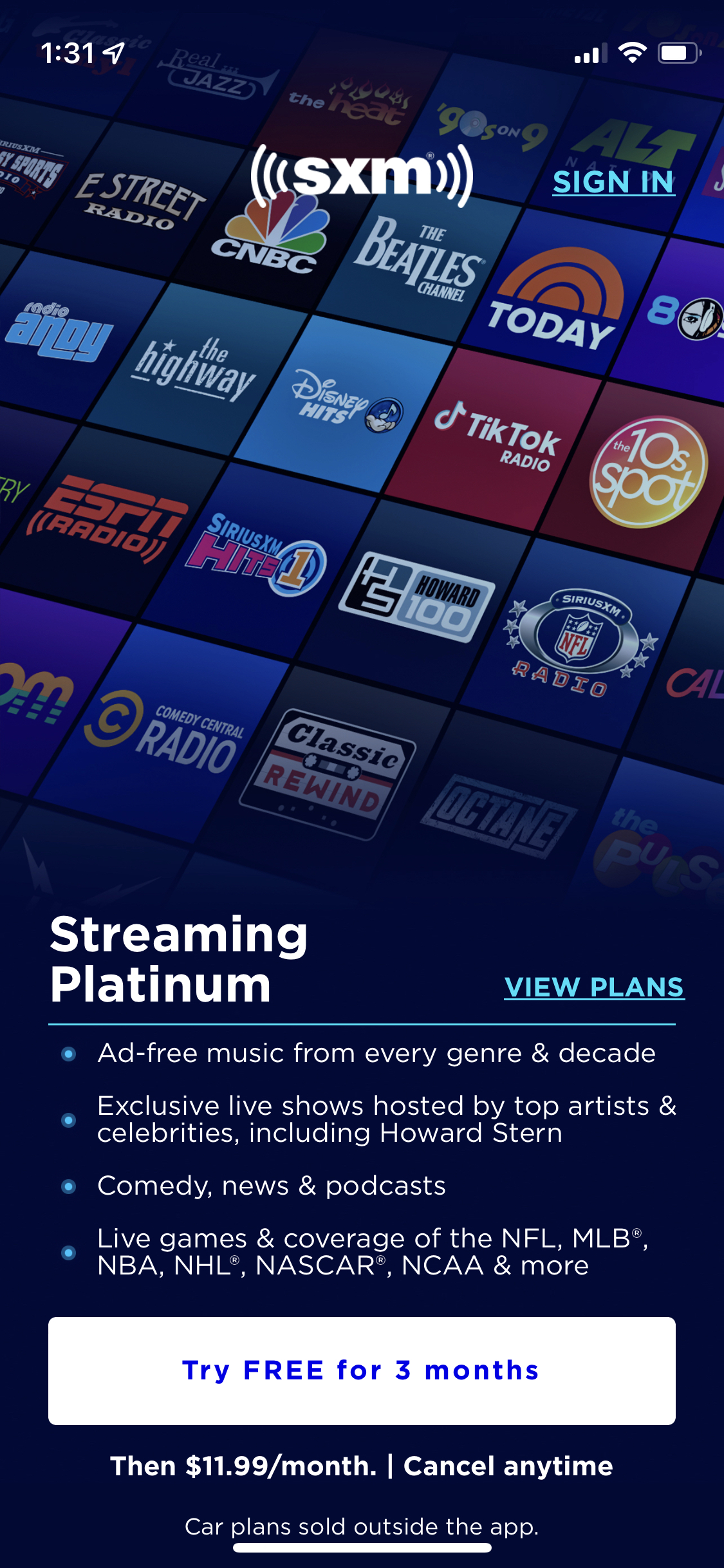 SiriusXM Music Sports & News app subscription paywall