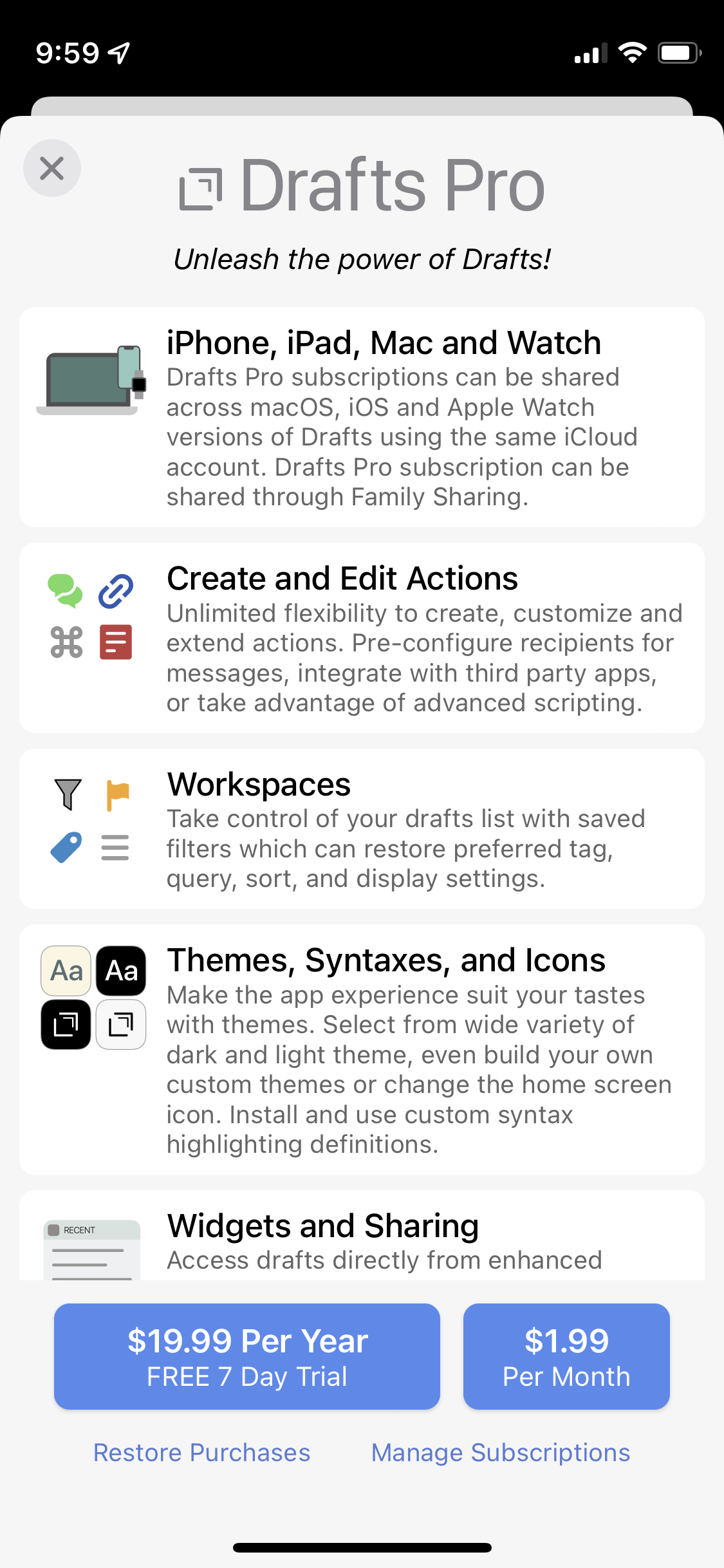 Drafts app subscription paywall