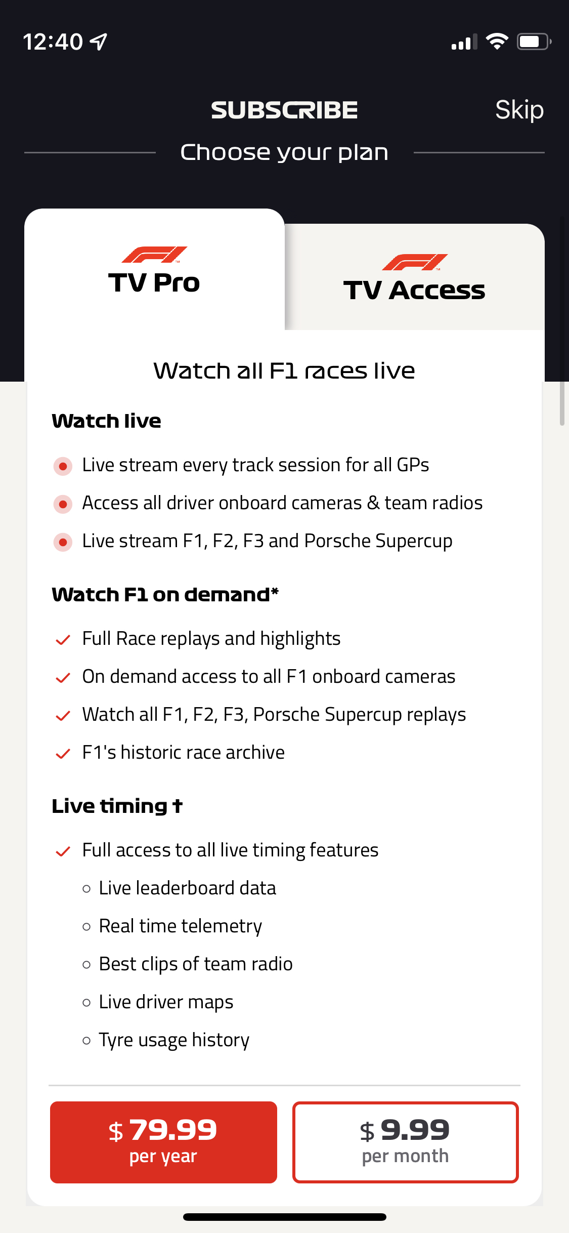 Formula 1 F1 racing mobile app subscription paywall
