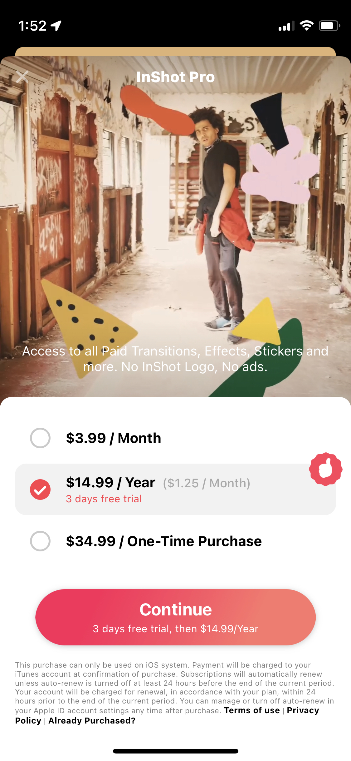 InShot Video Editor mobile app subscription paywall
