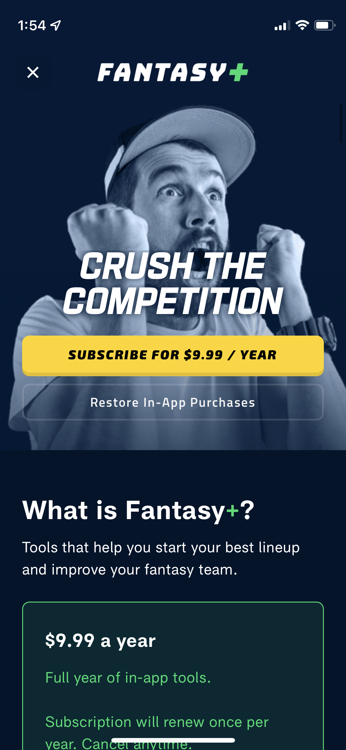 NFL Fantasy Football mobile app subscription paywall