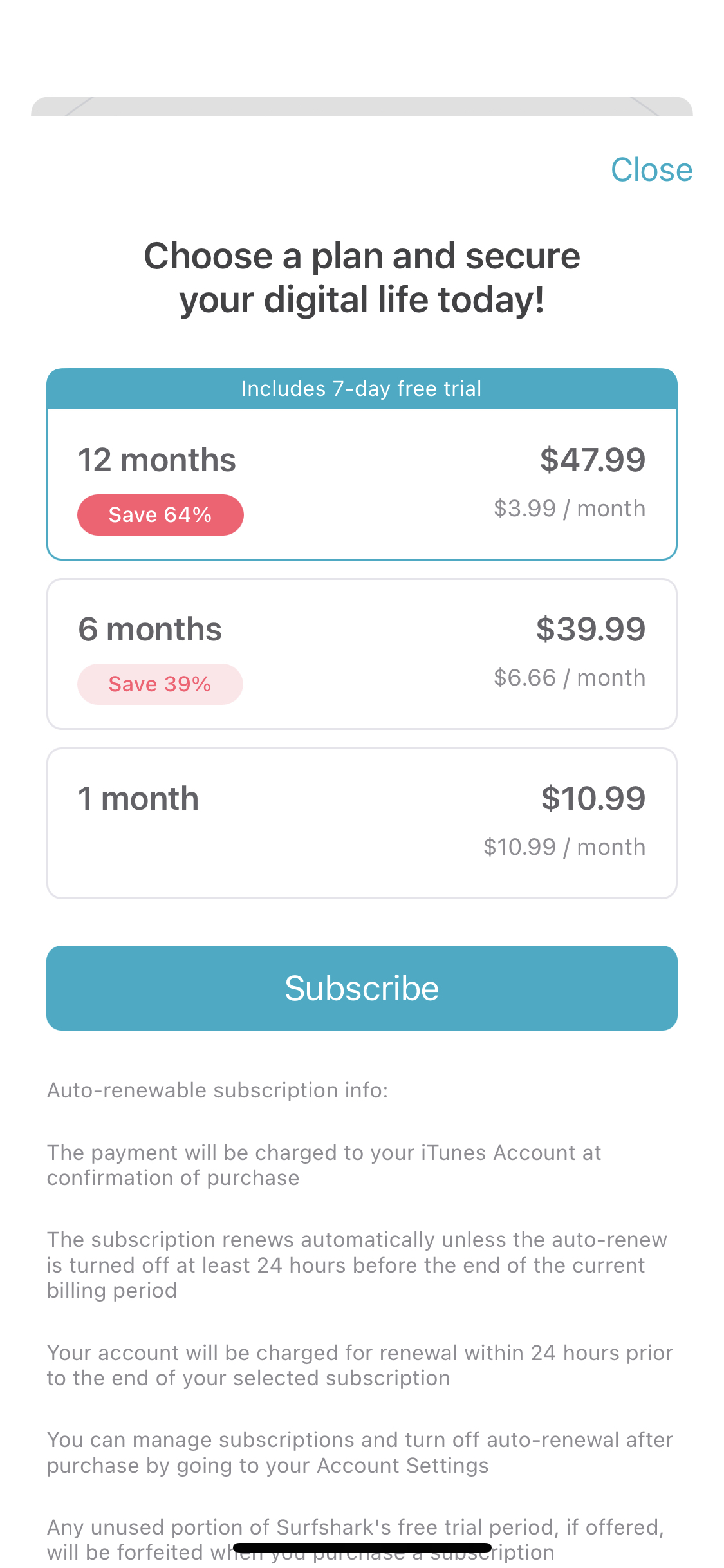 VPN Surfshark mobile app subscription paywall