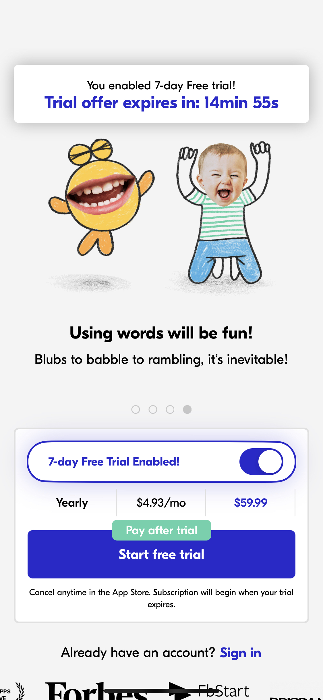 Speech Blubs Language Therapy mobile app subscription paywall