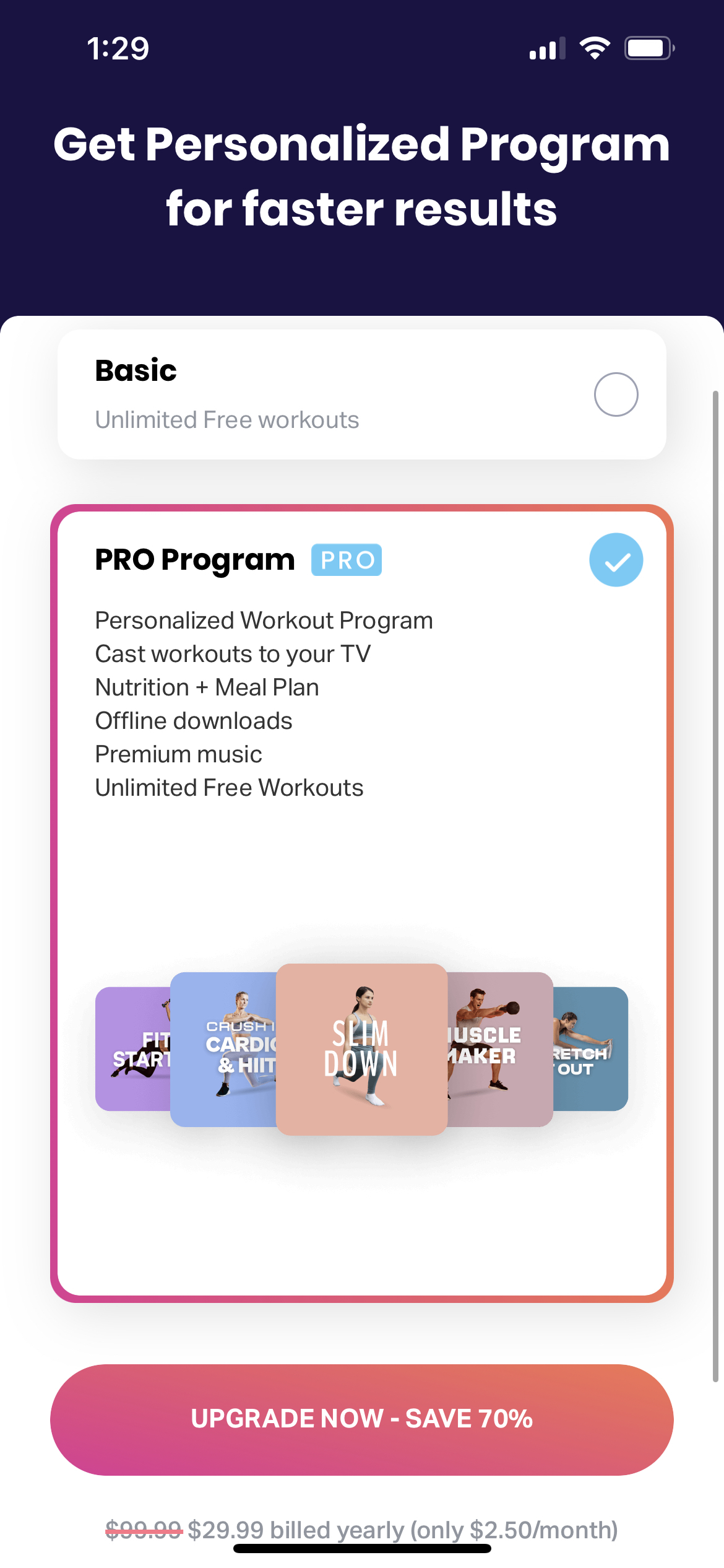 FitOn Workouts & Fitness Plans mobile app subscription paywall
