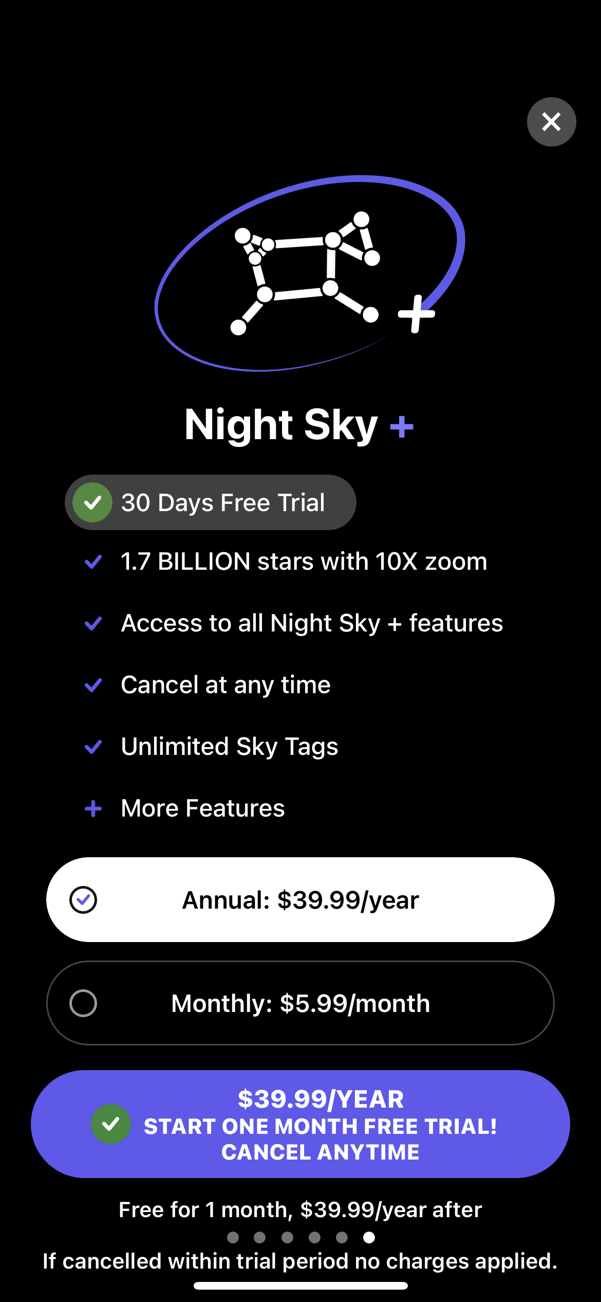Night Sky mobile app subscription paywall
