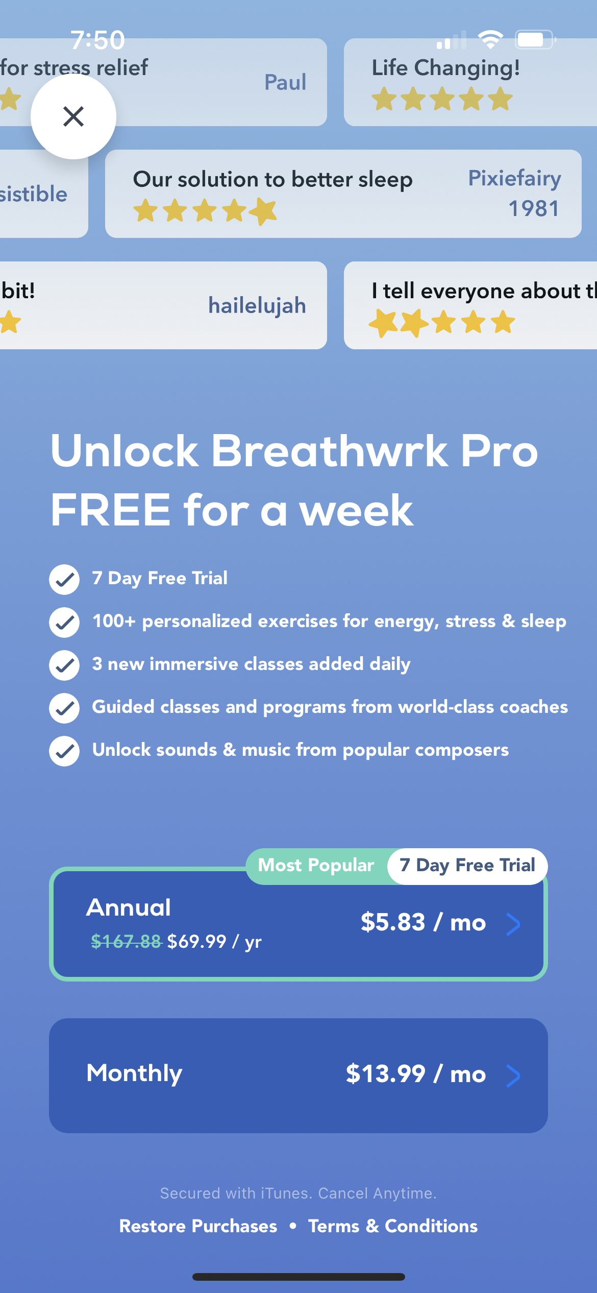 Breathwrk: Breathing Exercises mobile app subscription paywall