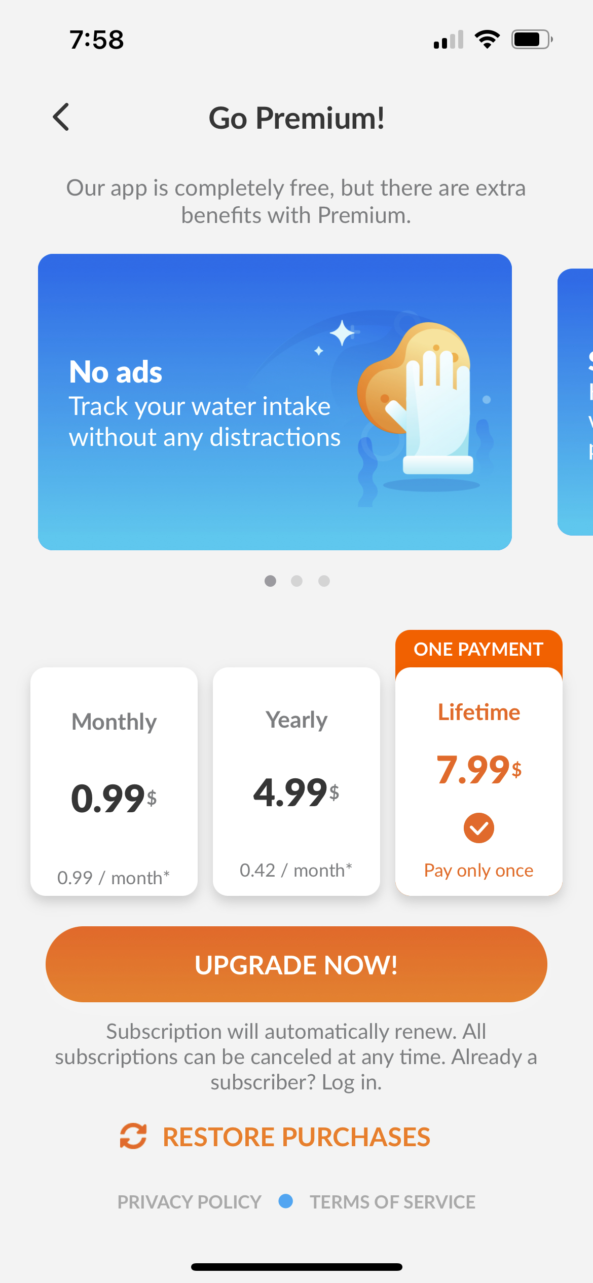 Waterful® Drink water tracker mobile app subscription paywall