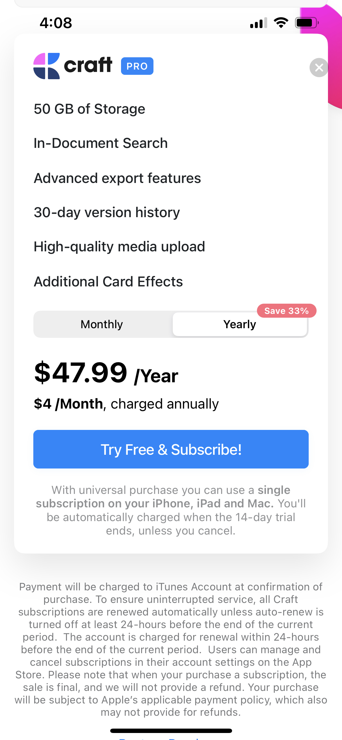 Craft Docs and Notes Editor mobile app subscription paywall