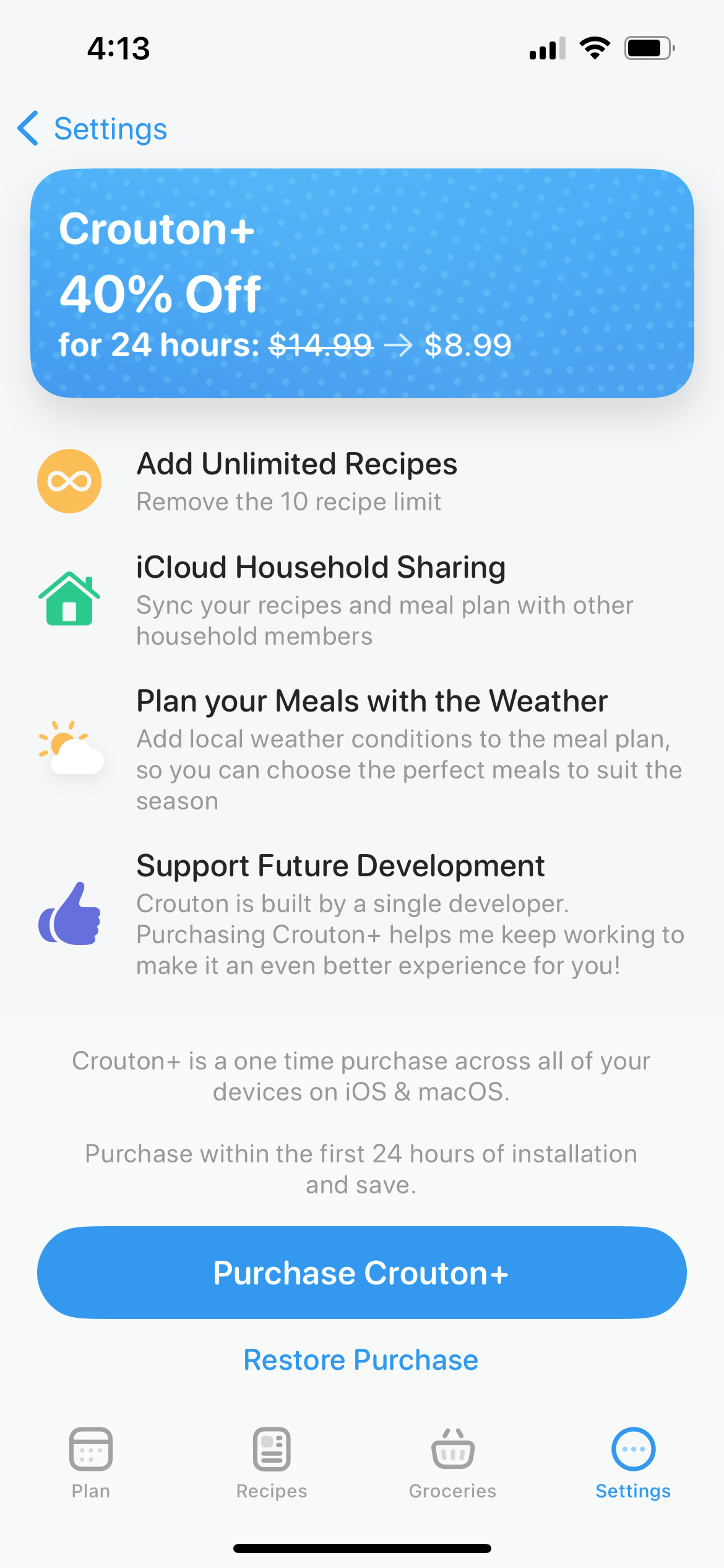 Crouton Cooking Companion mobile app subscription paywall