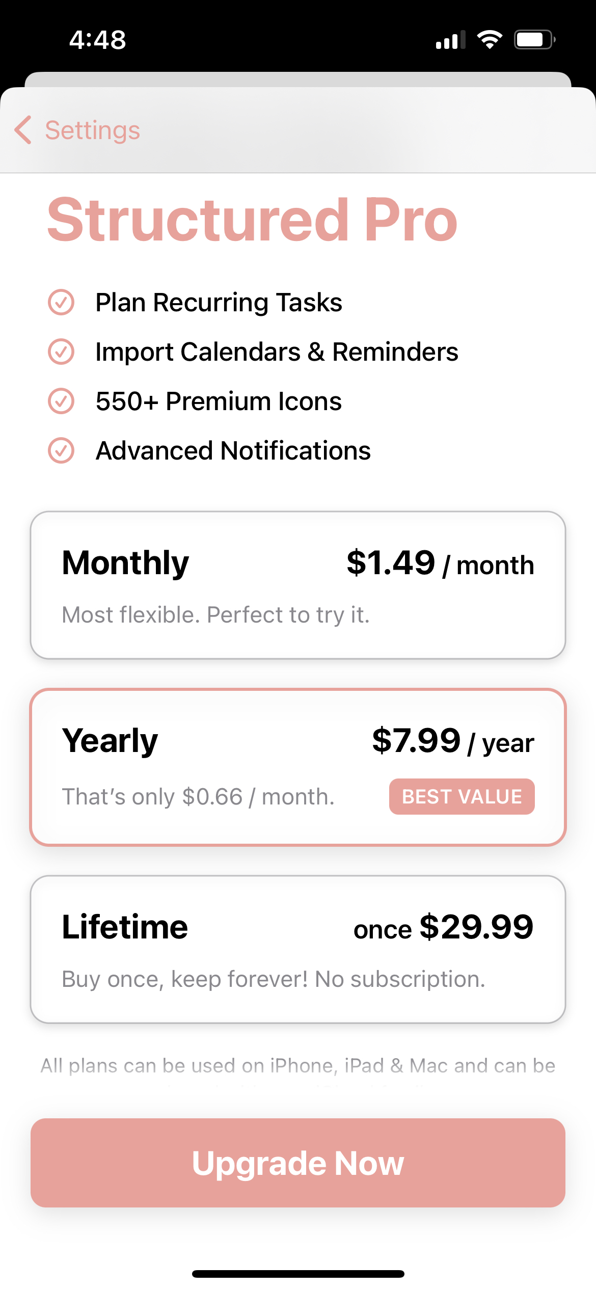 Structured Daily Planner app subscription paywall