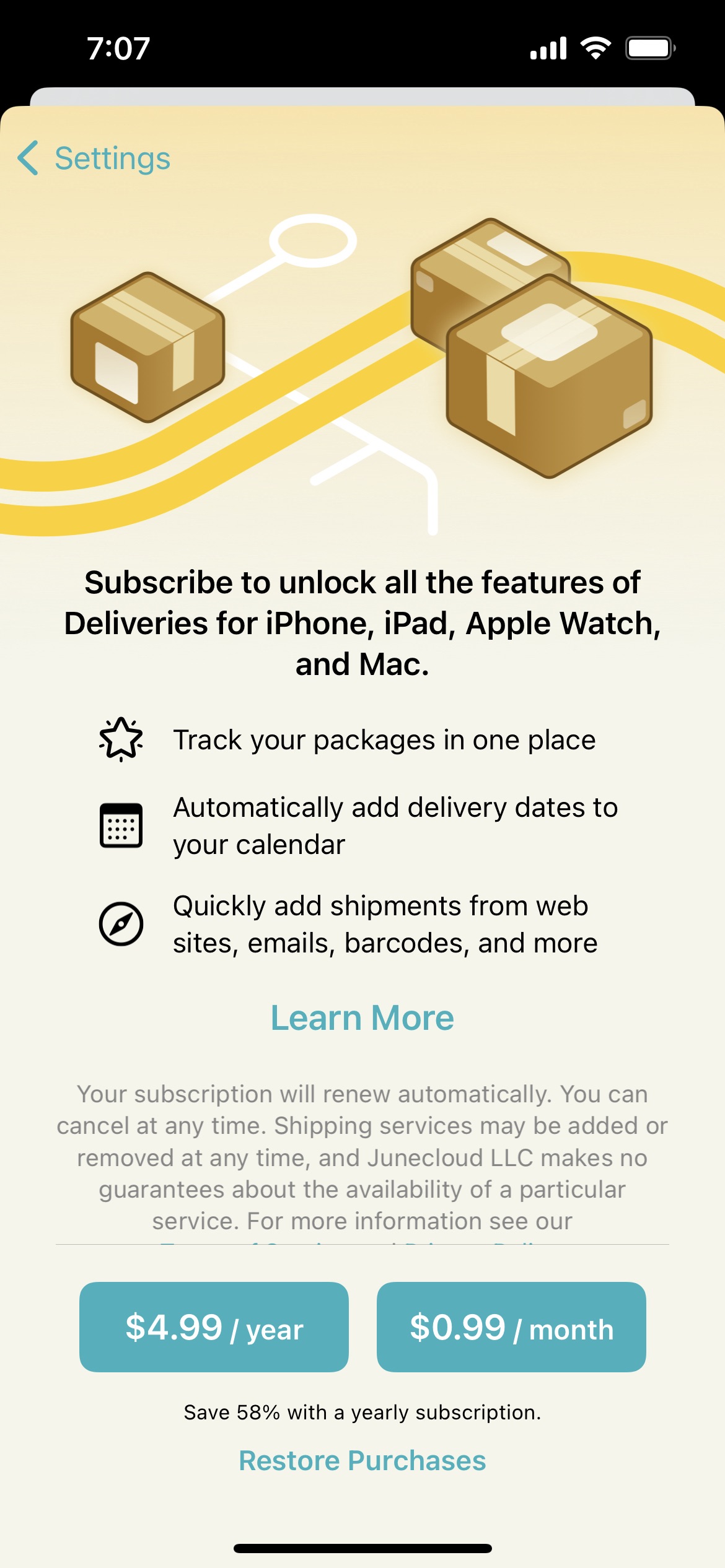 Deliveries Package Tracker mobile app subscription paywall