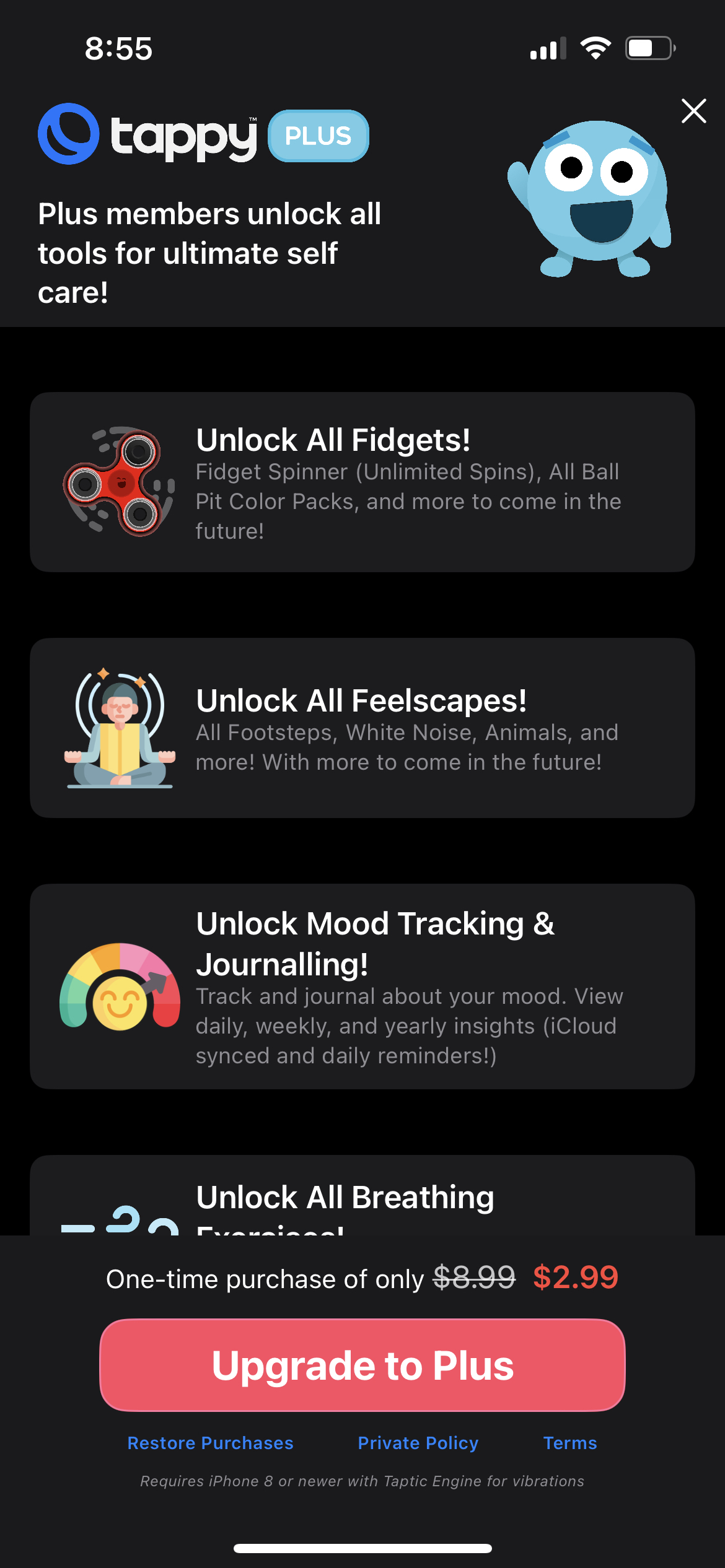 Tappy Self Care Fidgeter mobile app subscription paywall