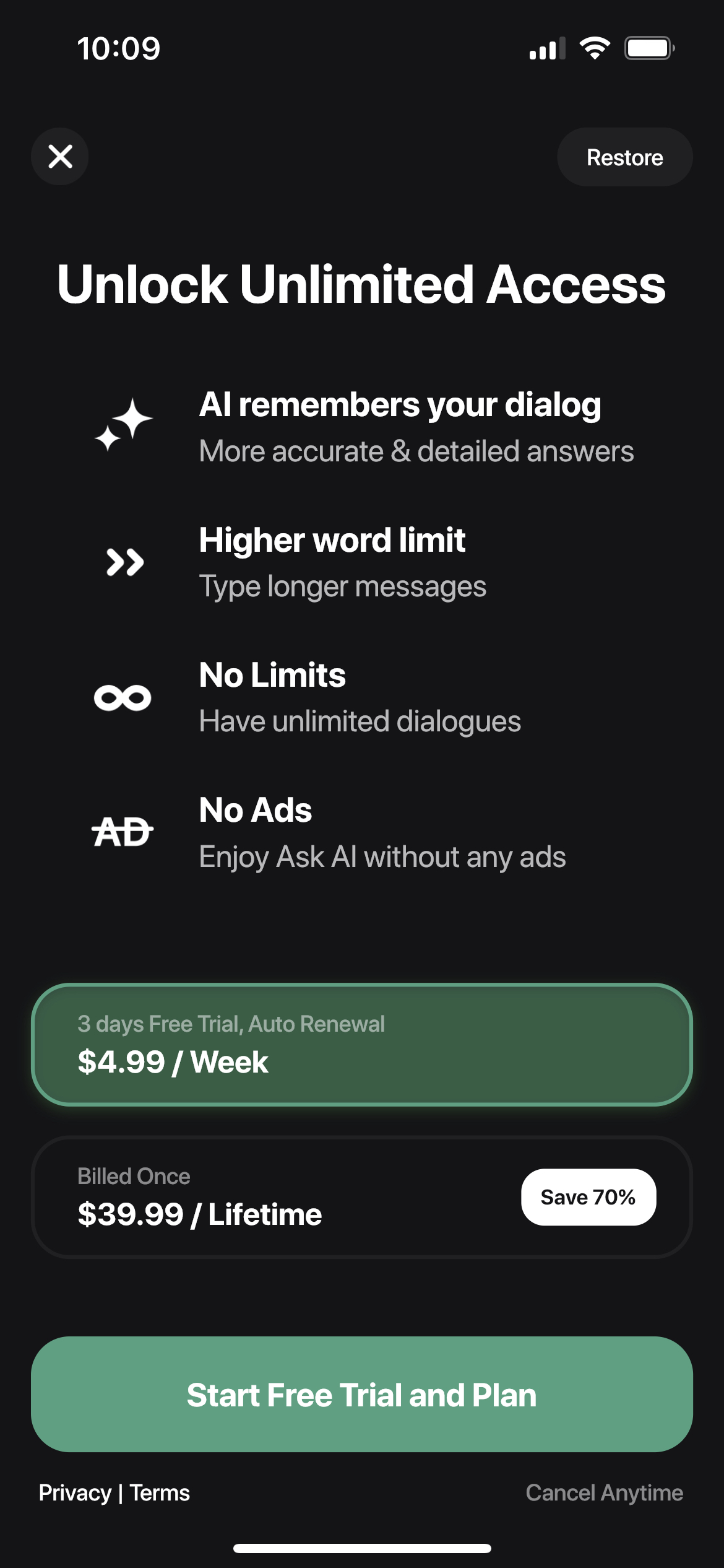 Chat with Ask AI mobile app subscription paywall