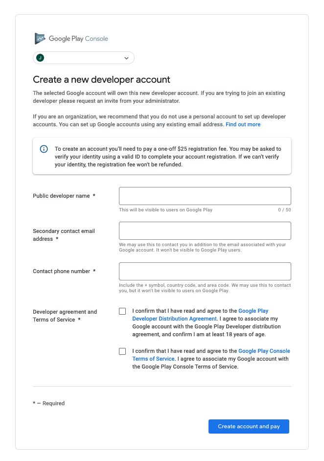 Google Play Console developer account creation screenshot