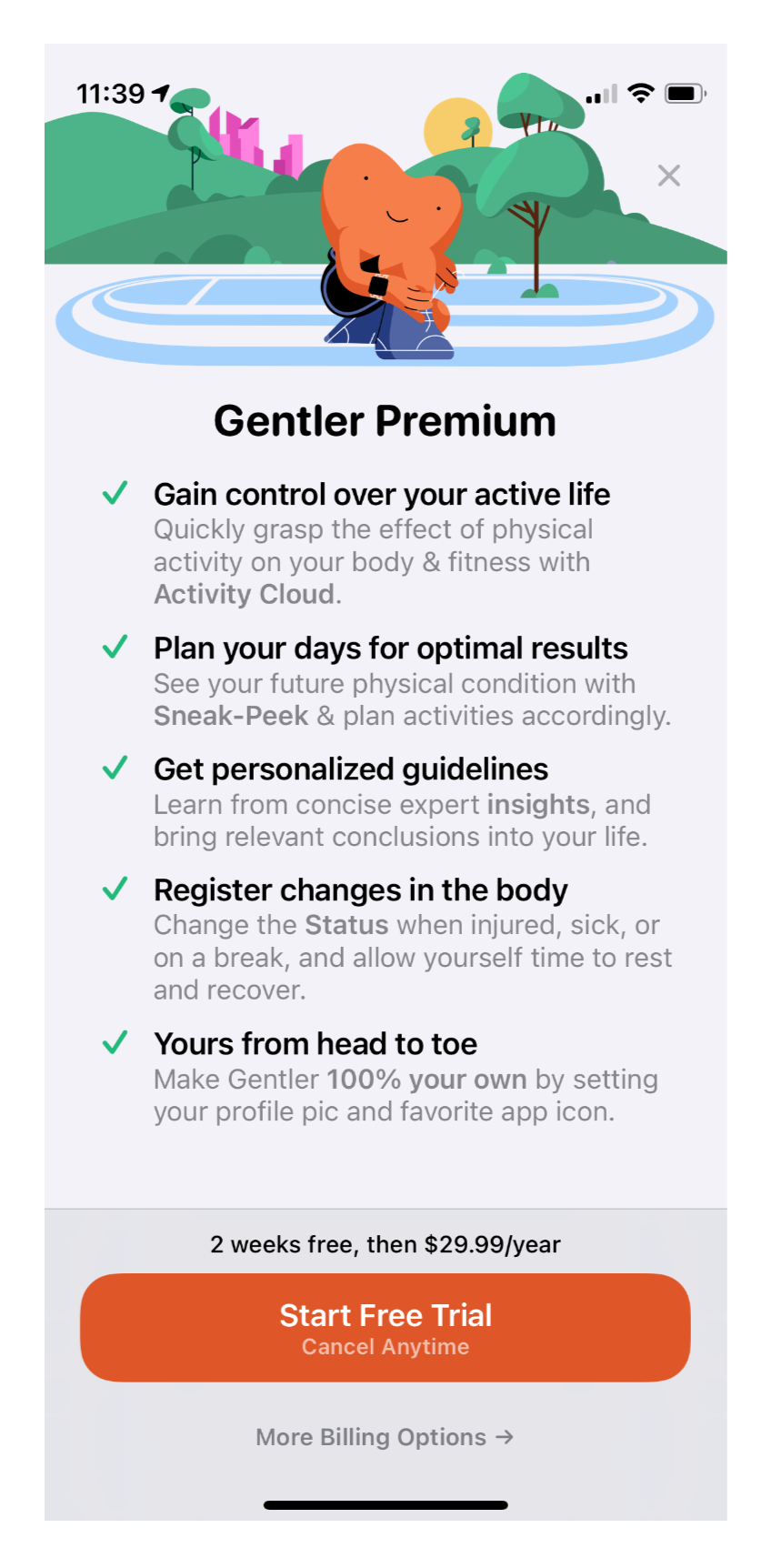 Gentler: Approach to Fitness mobile app subscription paywall