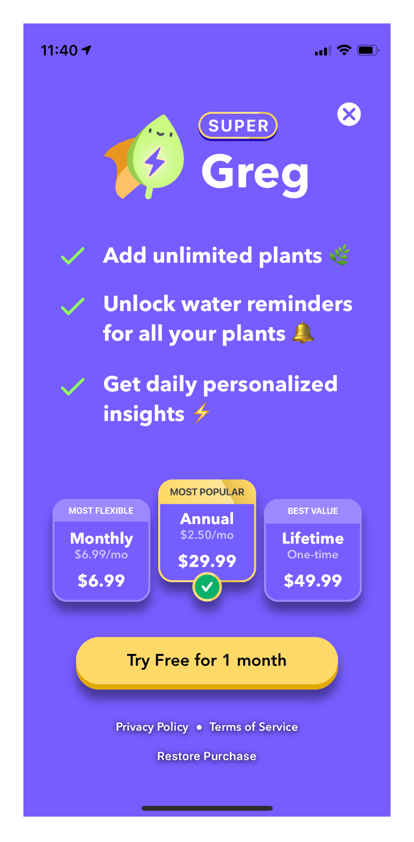 Greg: Easy Plant Care mobile app subscription paywall