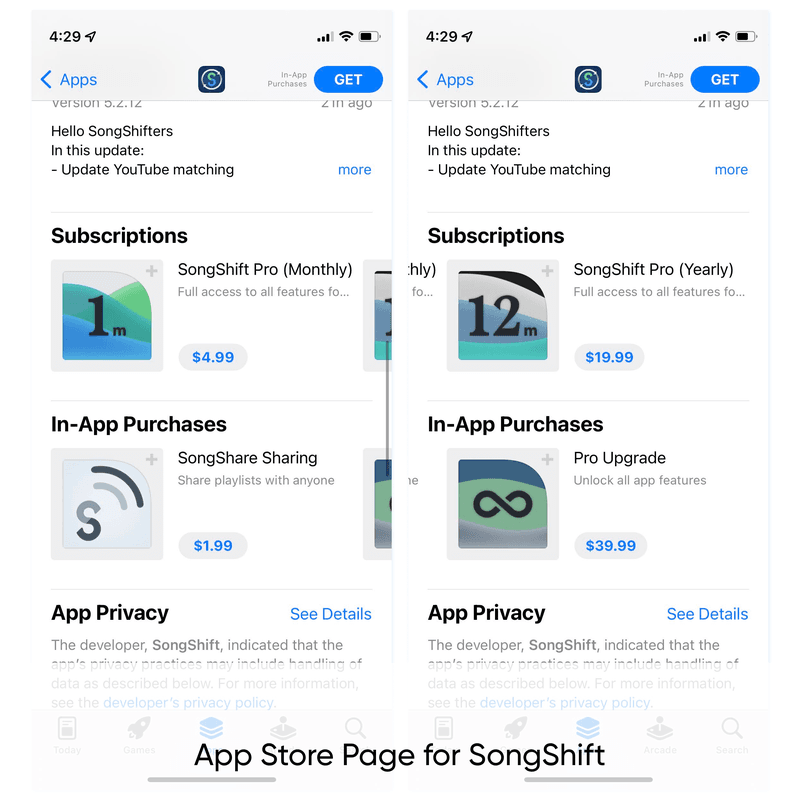 songshift app in-app purchases